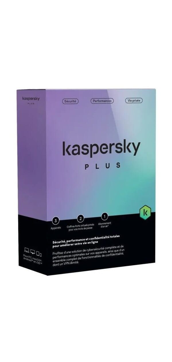 Kaspersky Plus (équivalent à Internet Security) - 3 Postes / 1 an